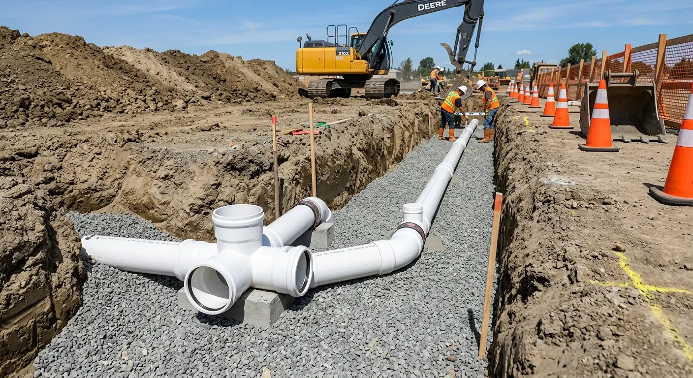 New PVC sewer pipe installation in open trench for Sewer Backup in Salem